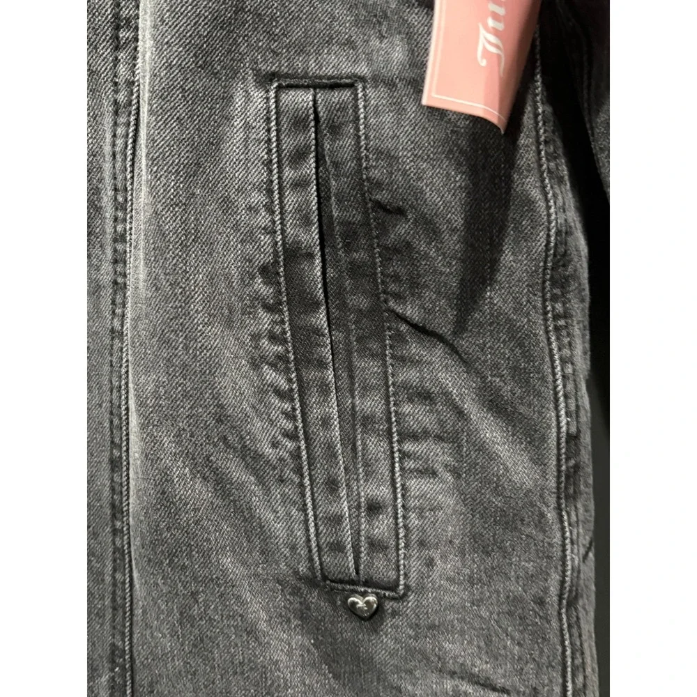 Juicy Couture Womens Long Trucker‎ Jacket Black Denim Sherpa Collar XL NEW